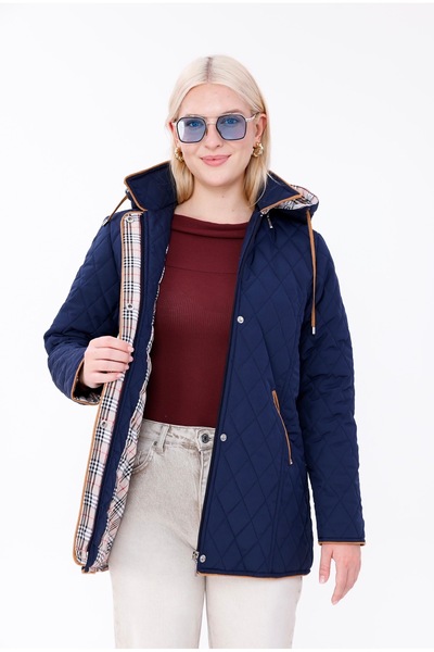 THE VOLER Kapüşonlu Mevsimlik Mont - Büyük Beden Pamuk Ekoseli Kapitone Kaban