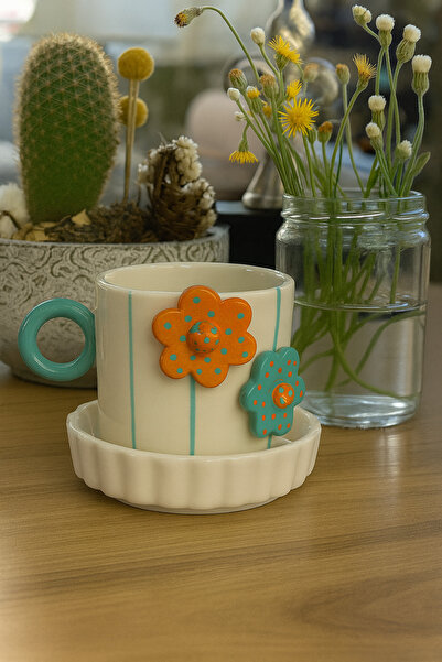 M'art Home Handmade Single Saucer Coffee Cup with Two Flowers 150 ml