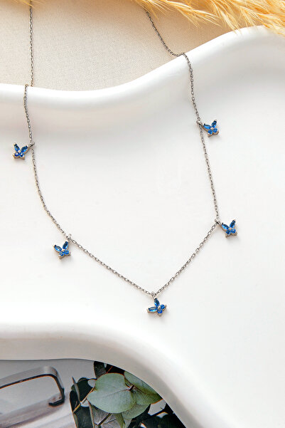 ESSARE 925 Ayar Gümüş Rodyum Kaplama Aquamarin Taşlı Şans Kelebek Kolye