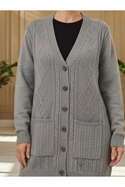 TEK Tektri̇ko Winter Wool Type Mother Cardigan Without Beads / Gray