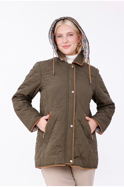 Butik Plus Size Cotton Plaid Quilted Coat - Hooded Seasonal Coat (Mg001)