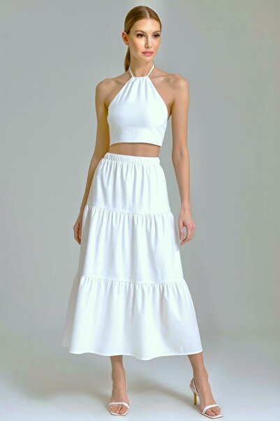 Kahra Collection White Lined Layered Long Skirt