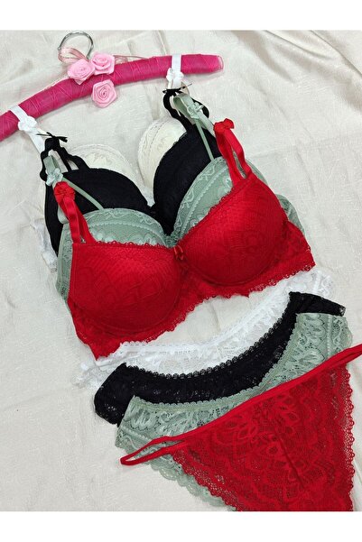 Love Angels Lace and Bow Detailed Padded Underwire Bra Panty Set 4-Piece - Lingerie Set