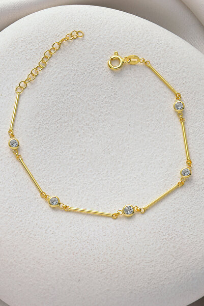 ESSARE 925 Ayar Gümüş Gold Kaplama Zirkon Taşlı Çubuk Model Bileklik