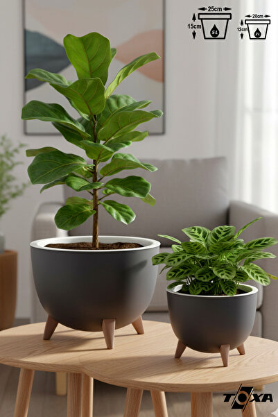 ToXA 2 Boy Küre Saksı Seti Drenajlı Ayaklı Süzgeçli Plastik Çiçek Saksısı Set