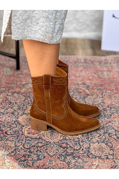 SİBA SHOES Isolde Hakiki Deri Sivri Burun Western Taba Kadın Kovboy Bot