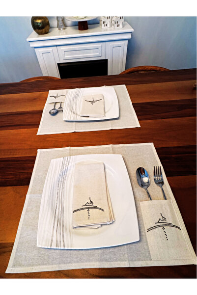 Menar Tasarım Dinner Presentation Set 6-Person American Flatware Set Cloth Napkin Ever Stone Embroidered Tableware