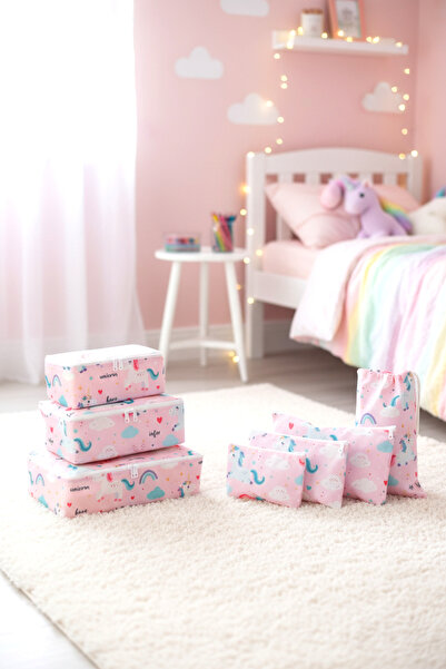 Textile sweet 7'li Unicorn Desenli Bavul İçi Düzenleyici Valiz Düzenleyici Organizer Set