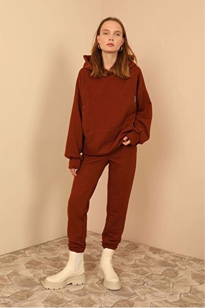 Genel Markalar Kapitone Kumaş Paçası Lastikli Kadın Pantolon-Kahve