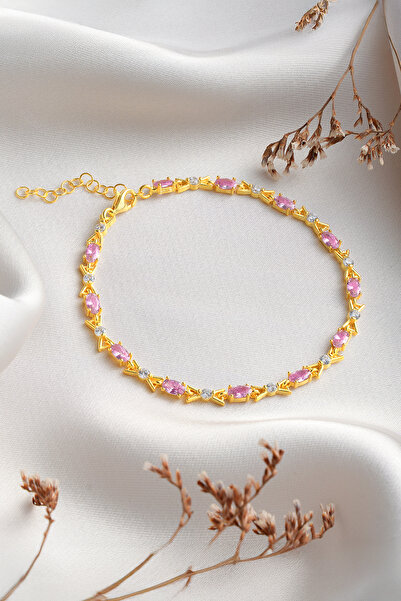 ESSARE 925 Ayar Gümüş Gold Kaplama Fiyonk Model Pembe Taşlı Bileklik