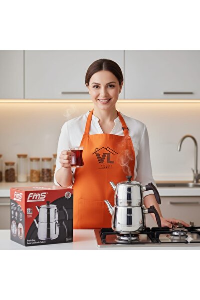 FMS Burcu Large Size Steel Teapot (Upper Pot 1.5 L - Lower Pot 3 L) Black