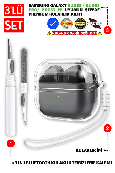 EWEC Samsung Galaxy Buds3, Buds3 Pro, Buds3 Fe Compatible Transparent Case, Earphone Lanyard, Cleaning Pen Set
