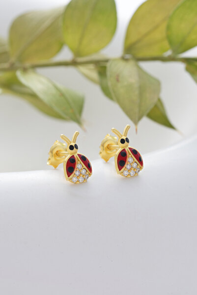 ESSARE 925 Ayar Gümüş Gold Kaplama Minimal Uğur Böceği Küpe