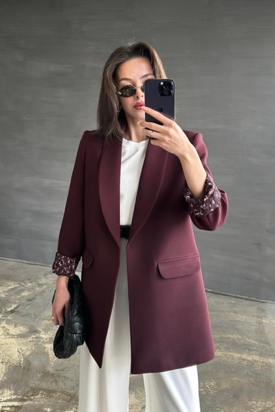 Safgiyim44 Shawl Collar Leopard Lined Jacket Plum