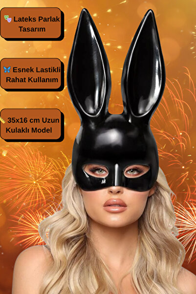 Tamsena Store Siyah Uzun Kulaklı Tavşan Maske | Yetişkin Parti & Kostüm Maskesi | Lateks Görünümlü