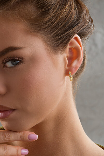 ESSARE 925 Ayar Gümüş Gold Kaplama 15 Mm Zirkon Taşlı Halka Küpe