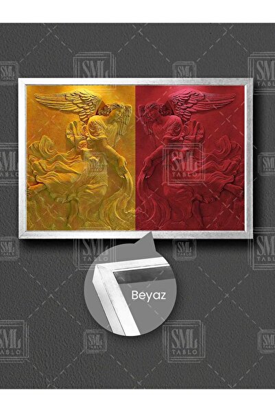 SML TABLO Mermer Melekler Sarı Kırmızı Galatasaray Kanat Çerçeveli Yatay Kanv...