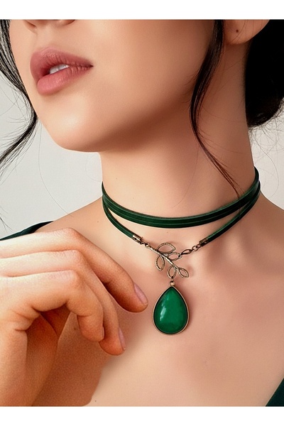 LADYMİRAGE Real Leather Jade Stone Choker