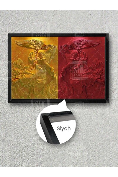 SML TABLO Mermer Melekler Sarı Kırmızı Galatasaray Kanat Çerçeveli Yatay Kanv...