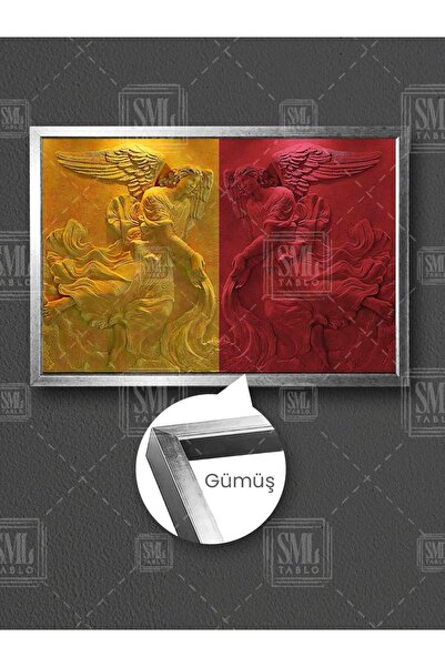 SML TABLO Mermer Melekler Sarı Kırmızı Galatasaray Kanat Çerçeveli Yatay Kanv...