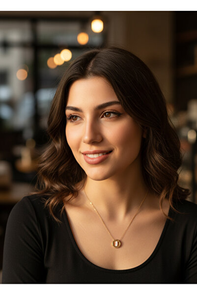 HARİNA Gold Color Cylinder Pendant Inside Ring - Steel Necklace