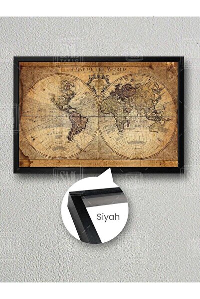 SML TABLO Vintage Dünya Haritası Eski Harita World Map Çerçeveli Yatay Kanvas...
