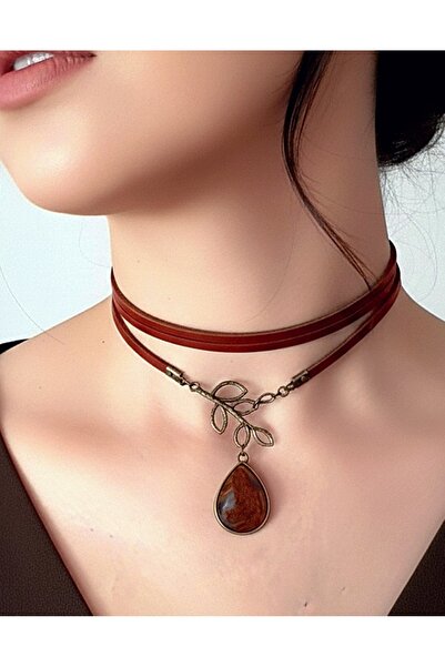 LADYMİRAGE قلادة من الجلد الطبيعي بتفاصيل حجر العقيق