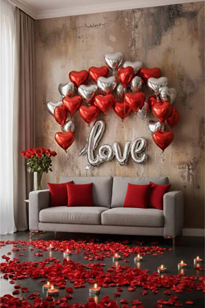 SkyPop 10 Pieces of 45 cm Red and Silver, 1 Piece of 100 cm Love Foil Balloon, Candle, Artificial Rose Petal.