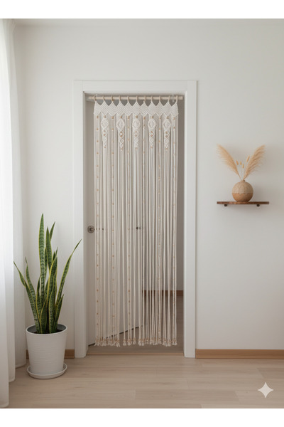 ARUSSİO DESİGN El Yapımı Boncuklu Pamuk Makrome Kapı Perdesi - Doğal Ahşap Bo...