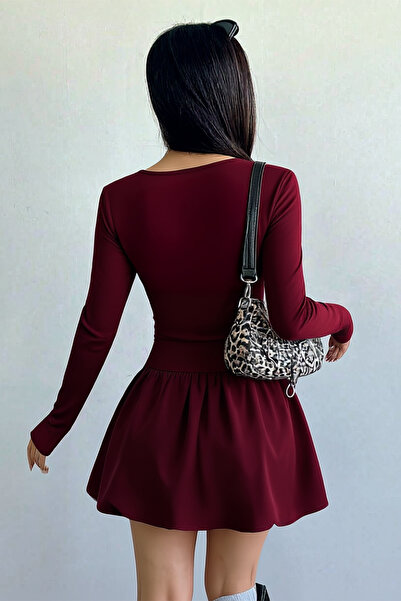 ecemore Kare Yaka Yanı Büzgü Balon Etekli Uzun Kollu Bordo Mini Elbise
