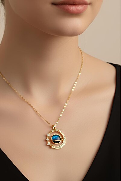 Bontexs Sarı Zincirli Zirkon Taşlı Gezegen Kolye Sevgiliye Özel Hediye