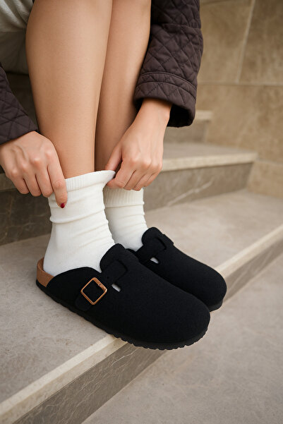 B&B'shop Kadın Siyah Kışlık Keçeli Önü Kapalı Mantar Tabanlı Rahat Sabo Ev Terliği