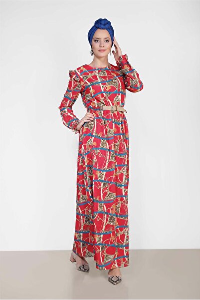 Alvina Patterned and Belted Long Dress 4104