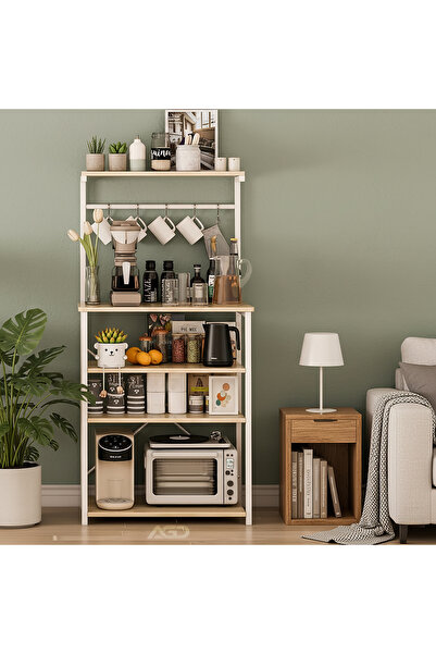 AGD Coffee Corner Cabinet, 4-Layer Shelf with 5 Hooks, Small Cabinet for Kitchen 60*36*145 cm