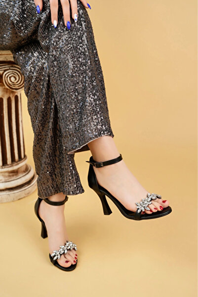 bakacstore Pantofi cu toc brodat Stone din piele neagră de damă Stiletto (PIA...