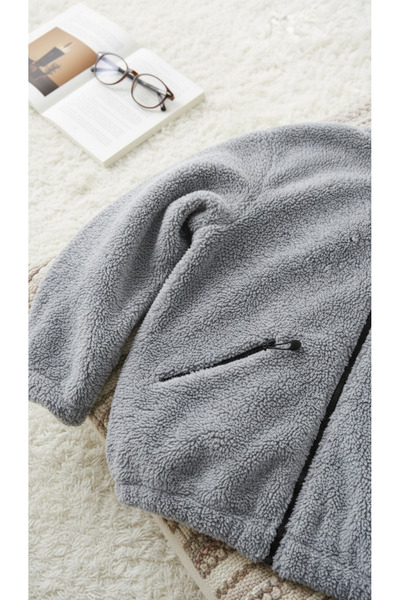 Fifty Color Wellsoft βελούδινο γκρι μπουφάν Oversize - Stand γιακά και τσέπες με φερμουάρ