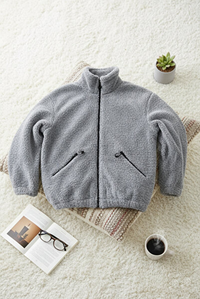 Fifty Color Wellsoft βελούδινο γκρι μπουφάν Oversize - Stand γιακά και τσέπες με φερμουάρ