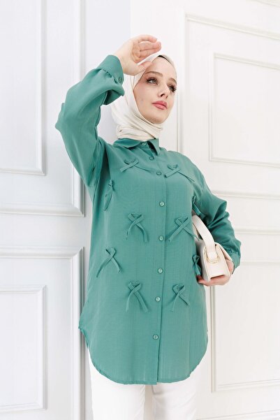 Sevitli تونيك كتان بتفاصيل فيونكة أمامية - أخضر