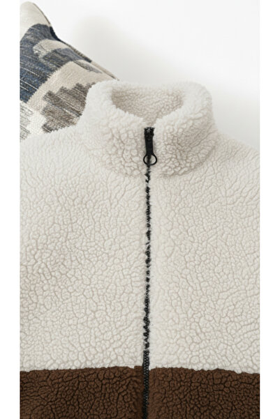 Fifty Color Унисекс, кафе-бяло, цветни блокове, цип, стояща яка, подплатено с флис, плюшено яке