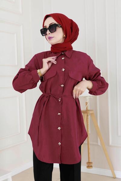 Sevitli تونيك برباط على الخصر مع غطاء للجيب - عنابي