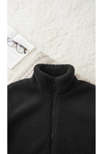 Fifty Color Black, Plush, Wellsoft Stand Collar, Zippered Pockets, Oversize Cutting, Plush Jacket