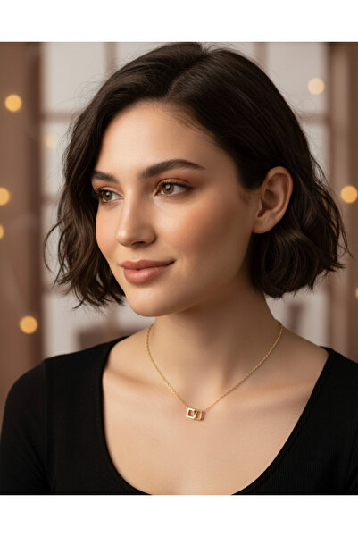 HARİNA İçiçe Geçmiş İçi Boş Kare Gold Çelik Kolye Minamilist Kolye