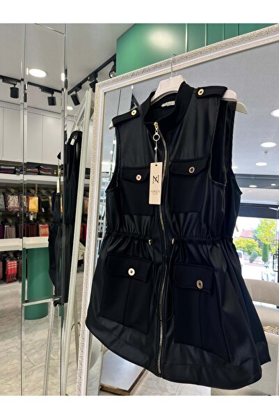 MERAM BUTİK Nurgün Leather Vest with Pocket Detail - Black - 2
