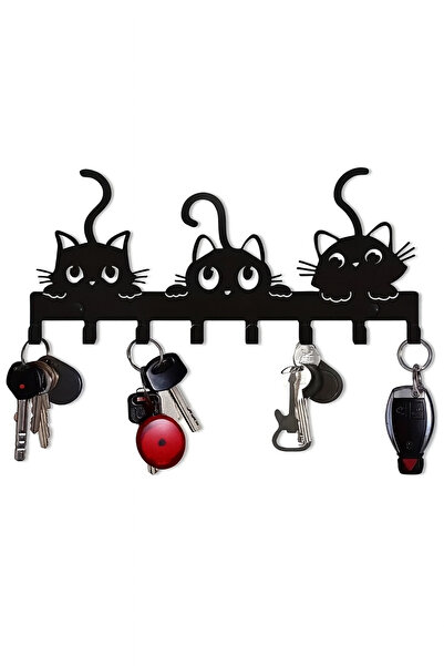 VENON Metal Black Utangaç 3 Cats Decorative Lettering Hanger Organizer Metal Key Holder Door Entry Hanger
