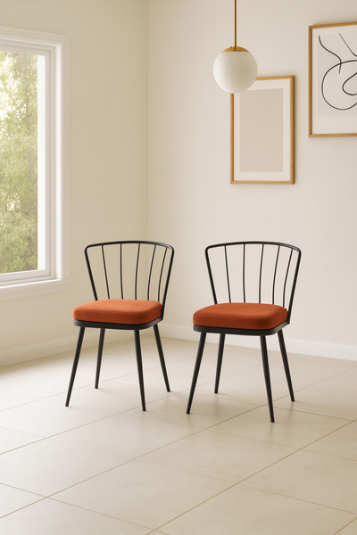 Atolye Casa 2 li Metal Siyah Mutfak Sandalyesi Balkon Sandalyesi Kiremit Reng...