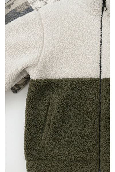 Fifty Color Trend, Unisex, Χακί-Λευκό, αντίθεση χρωμάτων , Με φερμουάρ, ψηλός λαιμός , Sherpa, Fleece, Μπουφάν