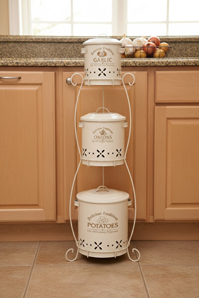 EVSTYLE Krem 3 Lü Tel Pat. Soğan Sarımsak Saklam Seti