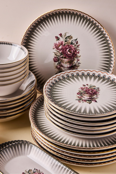 Perotti Antique Altın yaldızlı Stoneware Yemek Takımı 27 Parça 6 Kişilik Yemek Seti