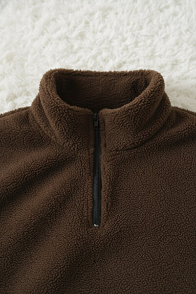 Fifty Color Men'S, Oversize, Half Zip, Plush, Sweat-White/Brown Color