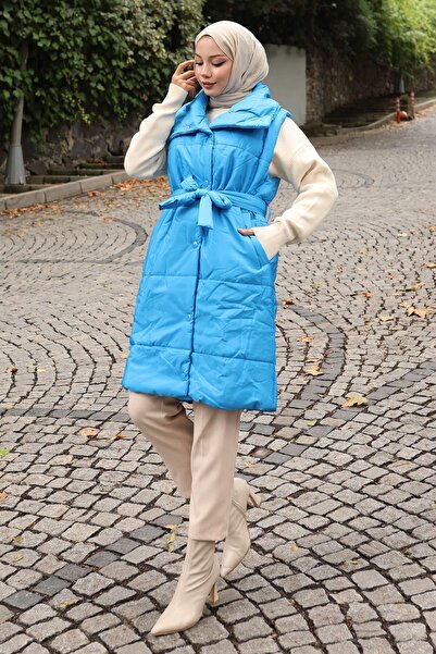 Modamihram سترة منتفخة ذات ياقة واسعة باللون الأزرق 6093